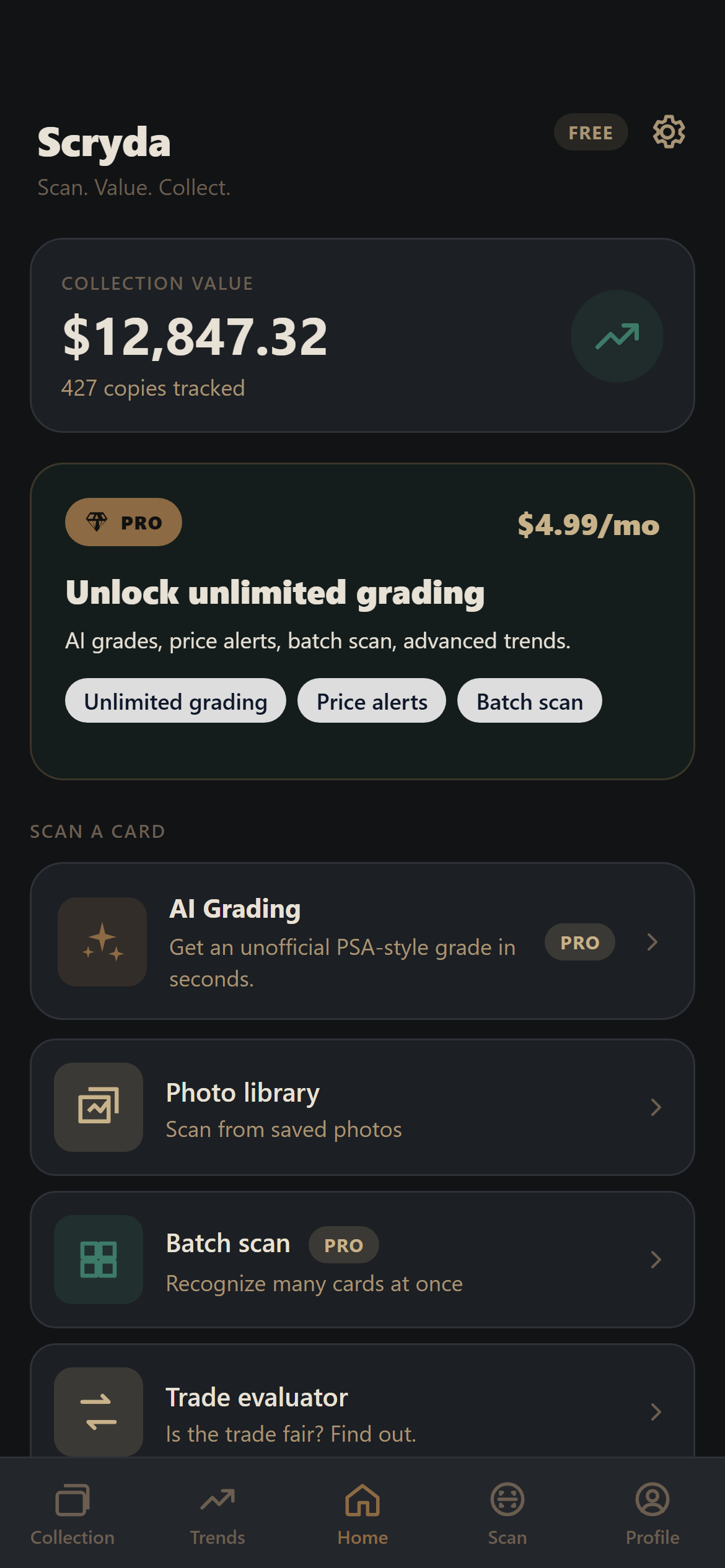 Collection dashboard showing $12,847 portfolio value