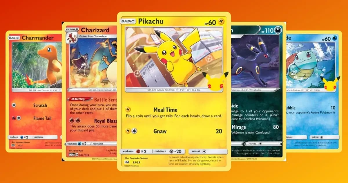 Past McDonald's Pokémon TCG promo cards: Charmander, Charizard, Pikachu, Umbreon and Squirtle