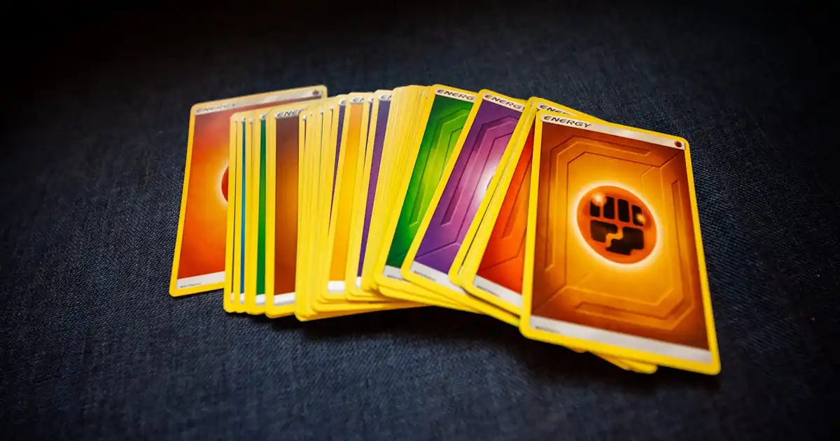 Colorful pack of trading cards on a flat surface