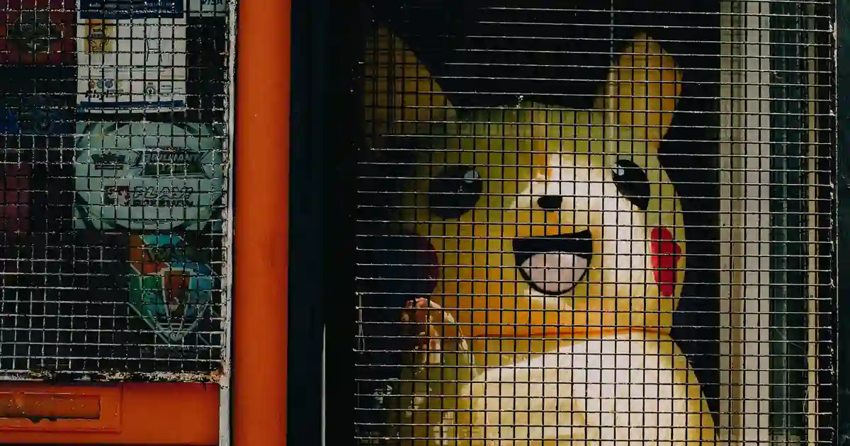 Pokémon booster packs and a Pikachu figure locked behind a game shop's steel security grille