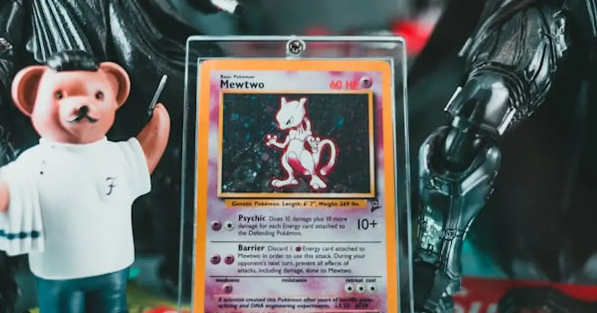 A rare Mewtwo Pokemon card displayed with figures