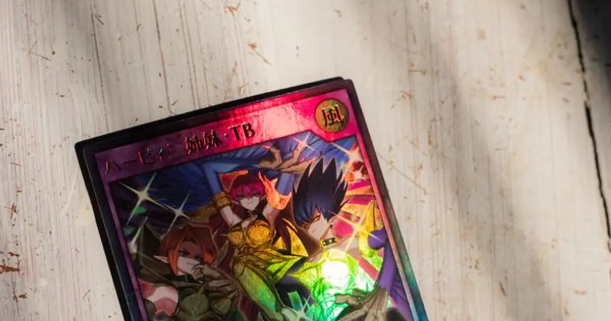 A Yu-Gi-Oh card with a holographic prismatic finish