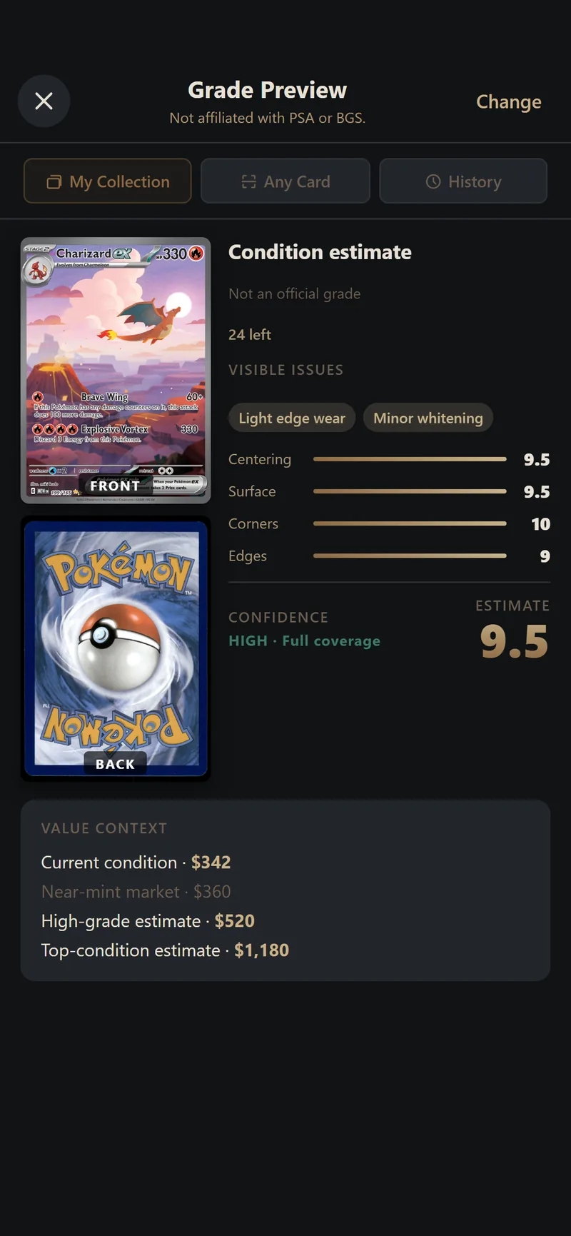 Grade Preview condition estimate of 9.5 with centering, surface, corners and edges sub-scores