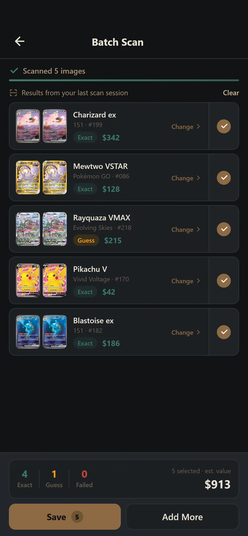 Batch scan reviewing 5 card photos worth an estimated $913